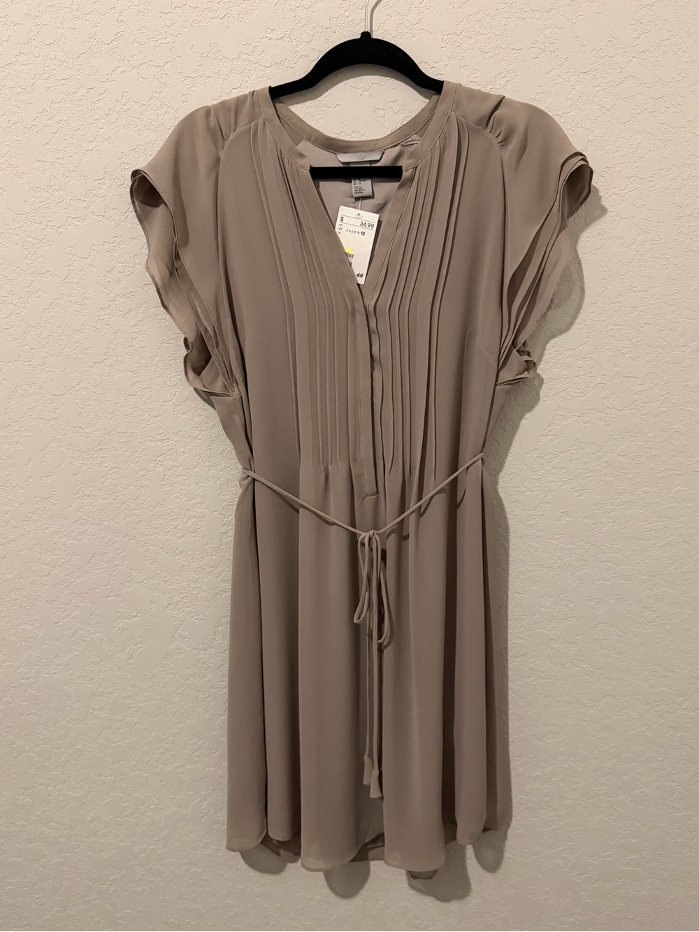 H&M NWT Taupe Pleated Dress Tie Waist Women's Size 12